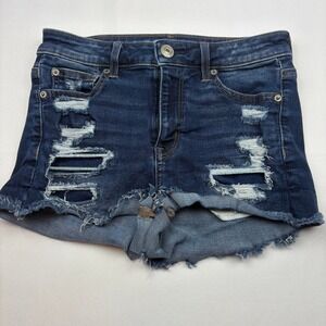 American Eagle Hi-Rise‎ Shortie Denim Shorts Distressed Rips Frayed Hem Stretch